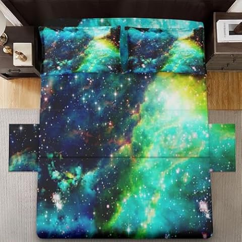 Pinbeam 4 Pcs Fitted Sheet Set King Size with 14" Deep Pocket, Space Blue Star Bedding Set with 2 Pillowcases for Kids and Adults, Science Galaxy Astrology Flat Bed Sheet Set Cover