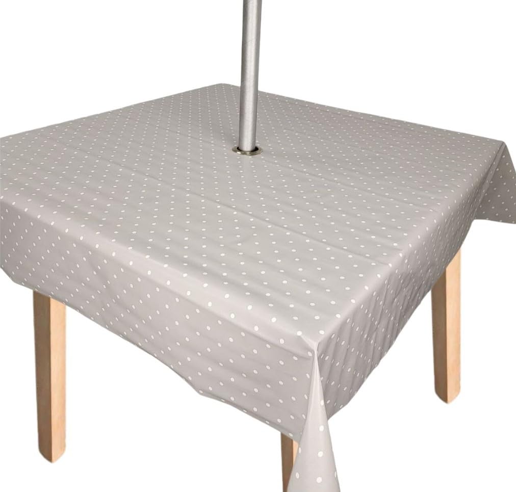 Karina Home Square Extra Wide Wipe Clean PVC Garden Outdoor Tablecloth Cover with Parasol Umbrella Hole Polka Dotty Spots (Silver Grey, Square 150cm x 150cm)