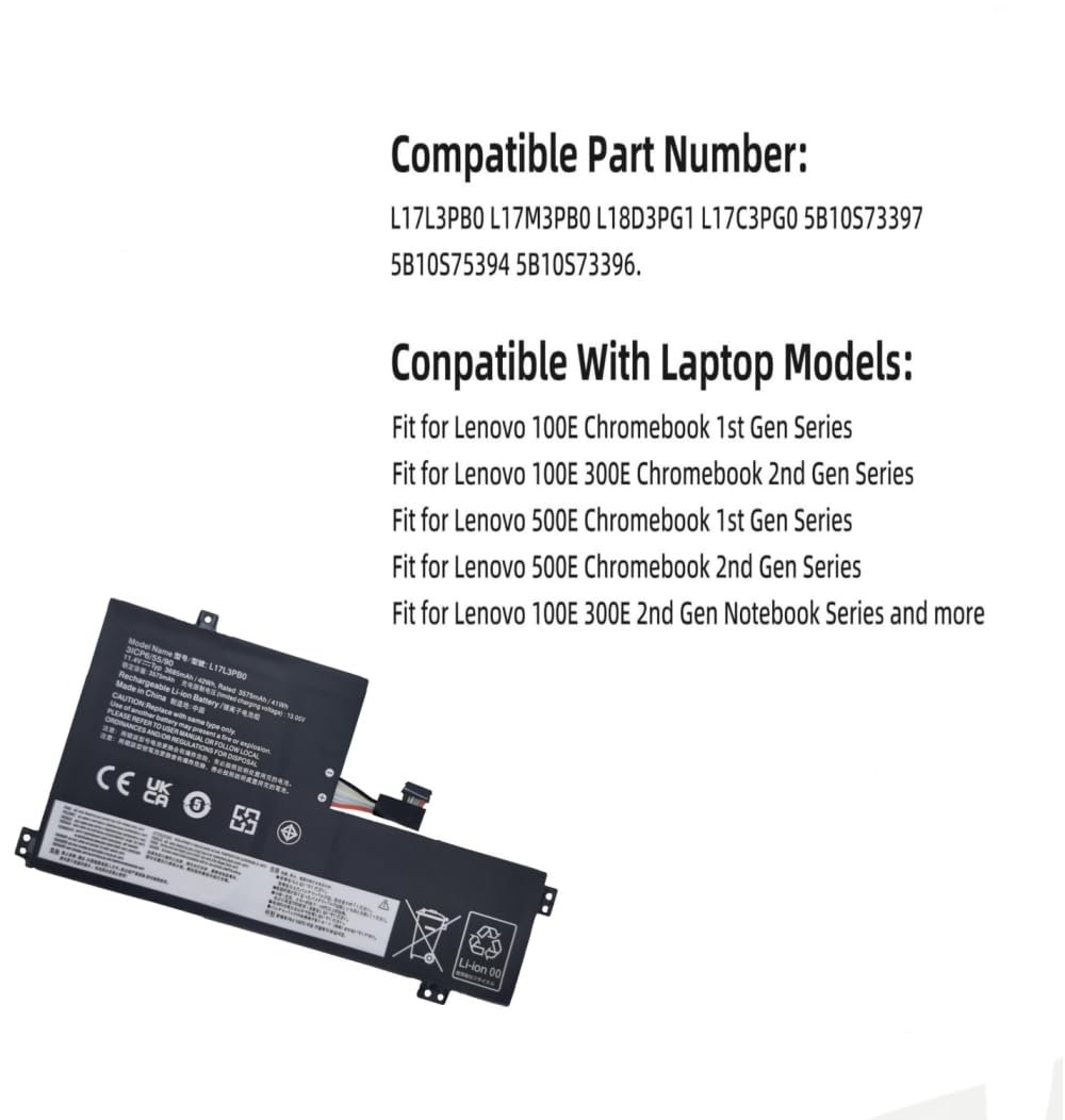 L17L3PB0 L18D3PG1 Bateria do laptopa Lenovo 100E 500E Chromebook 1st Gen/100E 300E 500E Chromebook 2nd Gen/100E 300E 2nd Gen Series 5B10S75394 L17M3PB0 L17CC3PG0 42 Wh