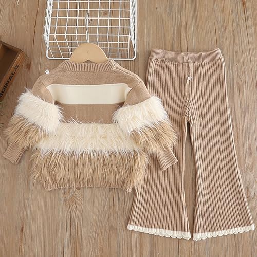 BILIKEYU Toddler Girl Clothes Fuzzy Striped Long Sleeve Sweater Top and Elastic Waist Flare Wide Leg Pants Fall3
