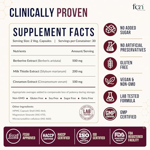 Image of FCN - Berberine HCL 97% Supplement 800mg, Supports Metabolism, Hormonal Balance for Women, Blood Sugar & Cholesterol, w /Milk Thistle & Cin. Clinically Studied, ISO & GMP-Cert, 60 Plant-based Capsules