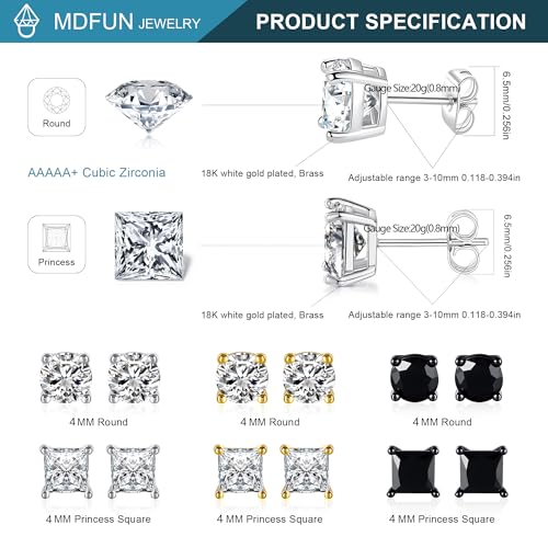 MDFUN 6 Pairs Stud Earrings Set Hypoallergenic Silver/Gold/Black Round & Square 5A+ Cubic Zirconia Earrings 3-7MM for Men Women4