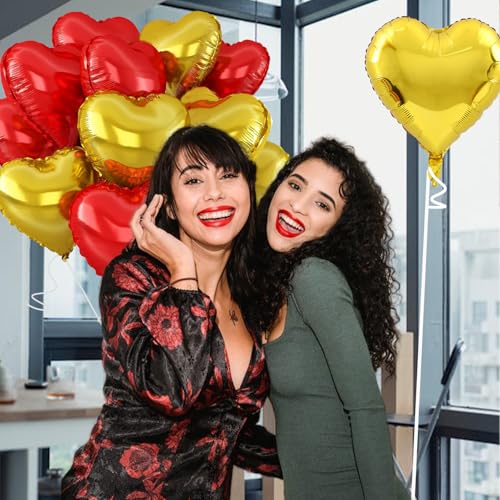 Image of Gold-Red Heart Balloons,18inch Gold Heart Shaped Foil Balloons & Red Foil Balloon for Anniversary Wedding Engagement Birthday Party Valentines Day Decorations(12Pcs)