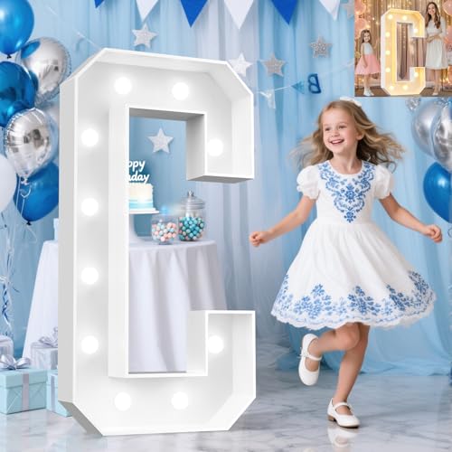 Image of Pooqla 4 FT Marquee Light Up Letters, Giant LED Sign Cool White and Warm White Marquee Letter 4 Feet Tall, Big Mosaic Letter C for Balloons Birthday Party Anniversary Wedding Decorations