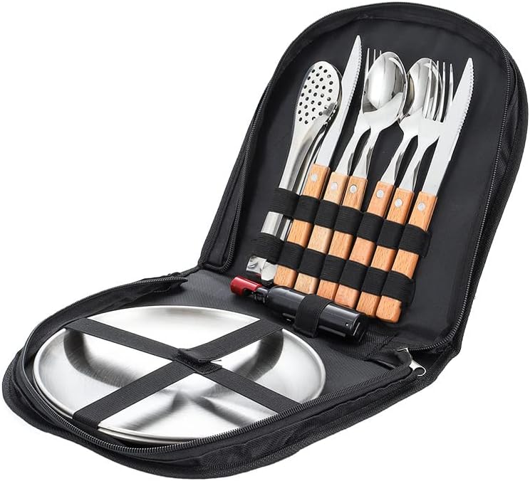 Silverware Flatware Cutlery Set， 304 Stainless Steel Outdoor Camping Tableware Set for Two， Wooden Handle Knife， Fork， Spoon， Steak Clip， Bottle Opener，Brown silver-4Set