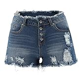 Picture of THUNDER STAR Ripped Jean Shorts for Women Mid Rise Frayed Raw Hem Stretchy Denim Shorts Blue Single Breasted S