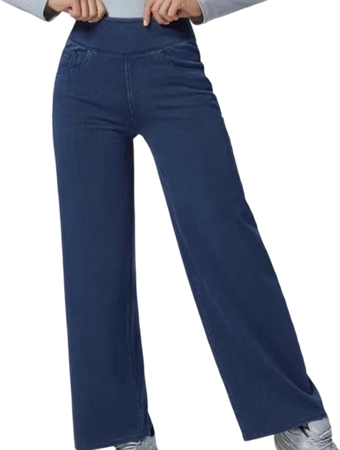 Wide Leg Imitation Jeans for Women with Tummy, Dark Blue M | Elastic Waist Casual Pull on Baggy Straight Faux Denims Trousers for Offices Retro Washed Color