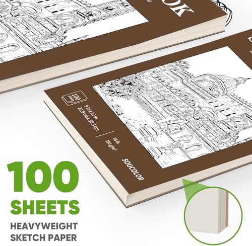 Image of Soucolor Sketch Book 9x12, 100 Sheets Drawing Pad, Art Sketchbook for Kids | 68lb acid-free Paper,no bleed-through, clean erase, top spiral lay-flat, micro-perforated, for kids, adults, all skill levels