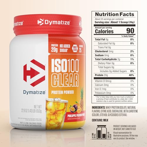 Image of Dymatize ISO100 Clear Protein Powder - Only 6 Ingredients - Whey Protein Isolate, Pineapple Passion Punch, 20g Protein, 4.9g BCAAs, 90 Calories, 0g Fat, 0g Sugar, 2g Carb, Gluten Free (25 Servings)