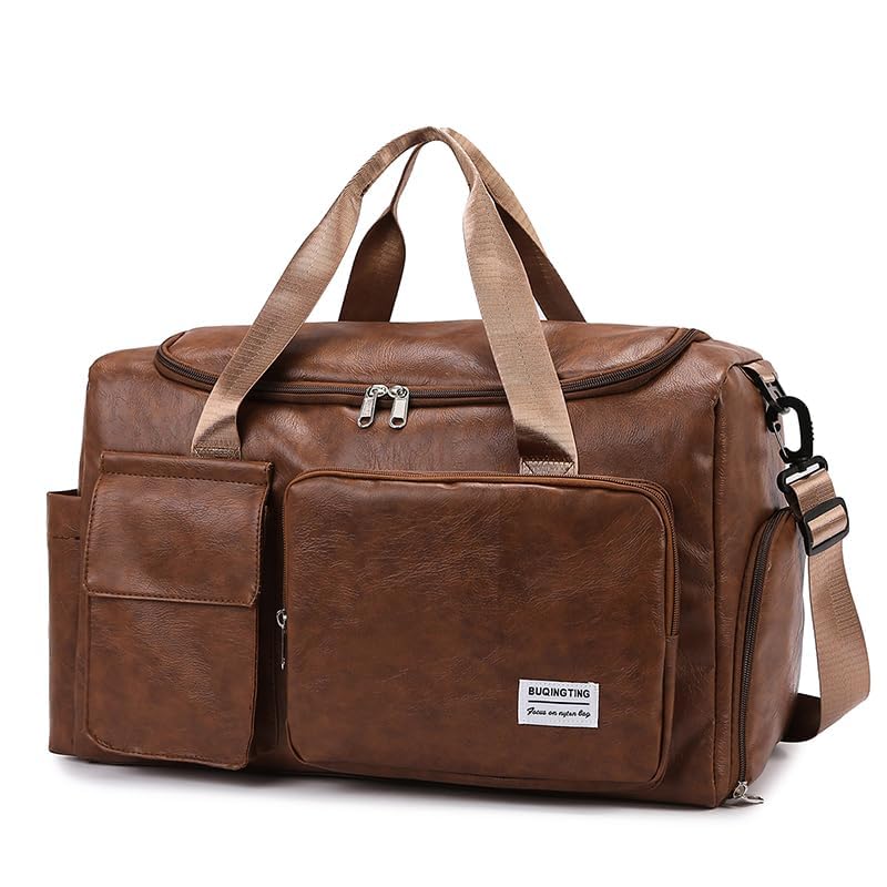 seyfocnia PU Leather Travel Bag with Shoe Pouch, Small Carry On Weekender Overnight Bag Waterproof Travel Duffel Bags Gym Bags for Men or Women, Brown