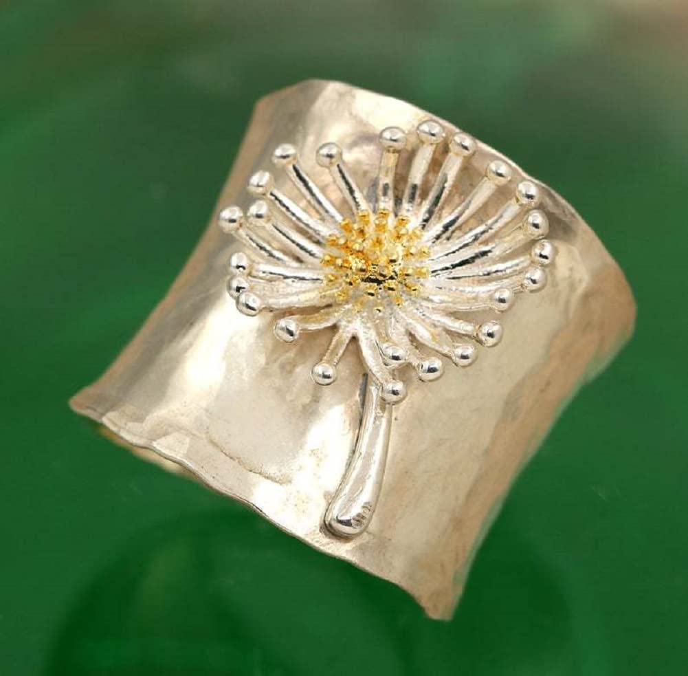 Breite Gänseblümchen-Bänder aus S925-Sterlingsilber, Chrysanthemen-Daumen, blühender Wilder Blumen-Zeigefinger, Daumen-Zeigefinger-Blumen-Statement-Boho-Ring, Schmuck, Geschenk für Sie, Größe L1/2
