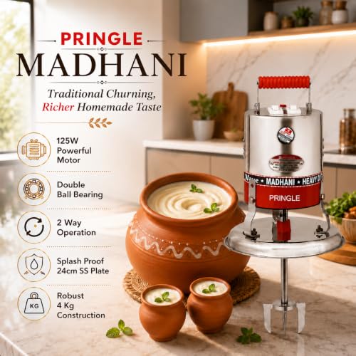 Image of Pringle Electric Madhani 125W | Double Ball Bearing | Lassi, Buttermilk & Curd Blender Bilona | Valona Machine | Handheld Mixer for Home Use | SS Plate | 1 Yr Warranty
