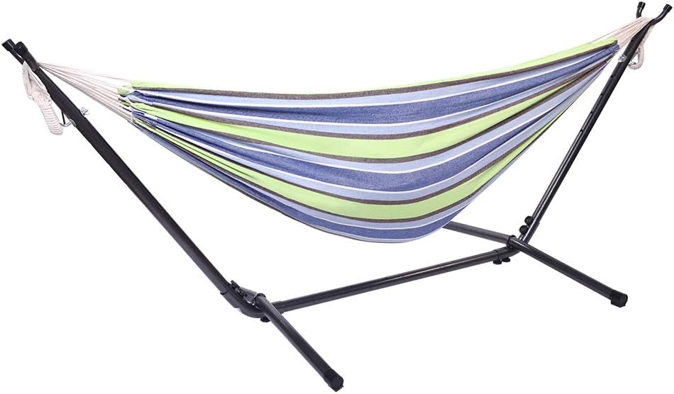 Vasitelan Hammock with Space Saving Steel Stand Included 2 Person Heavy Duty Outside Garden Yard Outdoor 330lb Capacity 2 People Standing Hammocks and Portable Carrying Bag (Green Stripe)