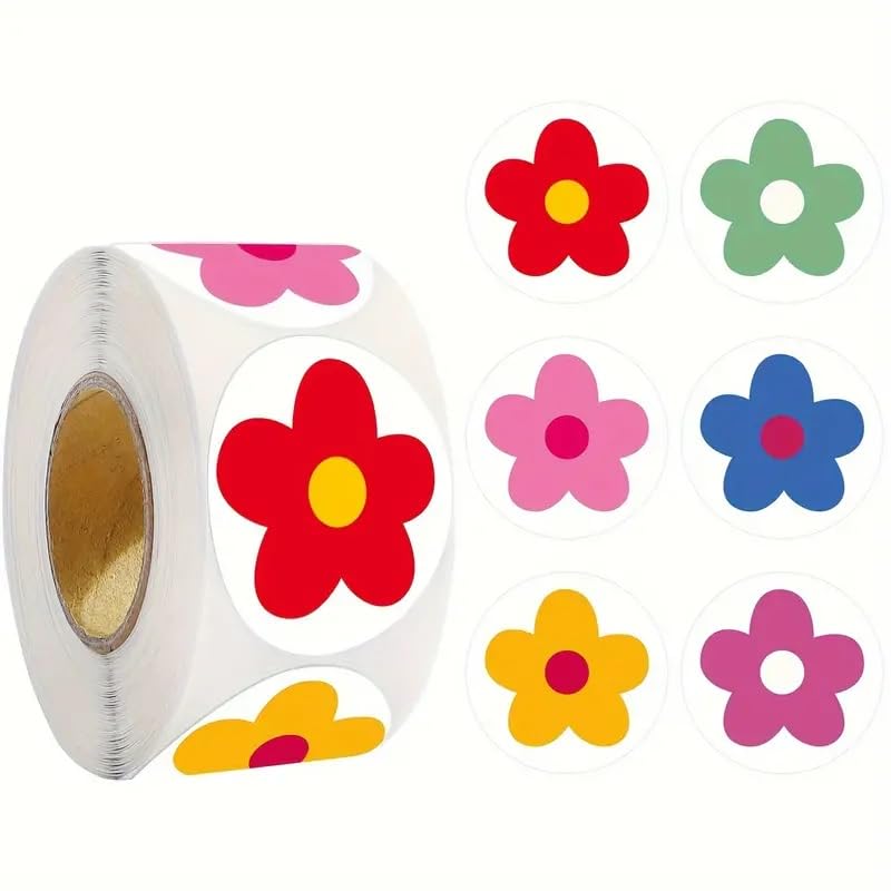 Pegatinas flores multicolor para niños, stickers decorativos infantiles, calcomanías alegres, adhesivos en rollo, 500 unidades de 2.5 cm con diseños variados y divertidos