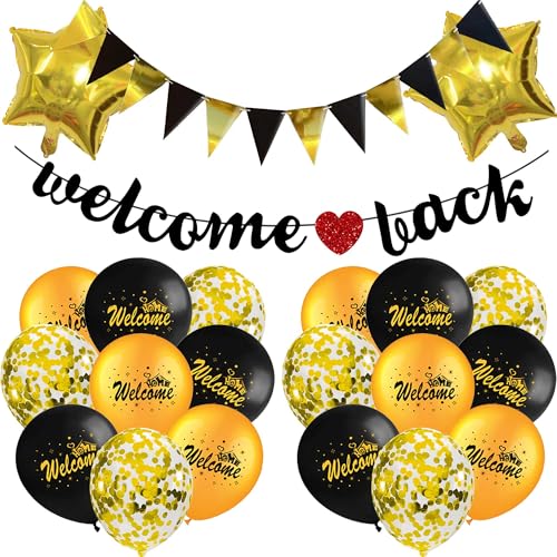 Welcome Back Deko Banner Ballon - 22 Stück Welcome Back Banner Gold Dreieck Flagge Fünfzackiger Stern Aluminiumfolie Luftballons Für Heimkehr Willkommen Zuhause party