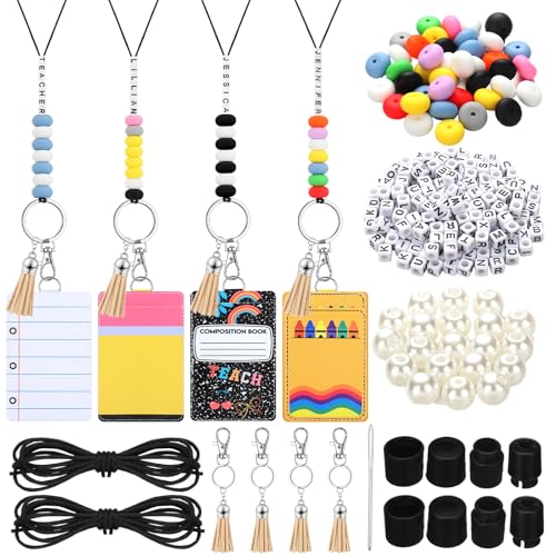 Gueevin 279 Pcs DIY Name Teacher Lanyard with ID Holder 4 Sets Lanyards for ID Badges Keychain Making Kit DIY Teachers Gifts for Welcome Back to School Gifts Teacher Office Supplies