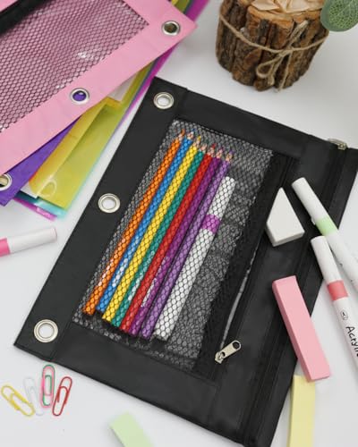 Image of Pencil Pouch for 3 Ring Binder - 3 Hole Zipper Pen Case Bag Holder Bulk Accessories Clear Window Aesthetic Organizer Pockets