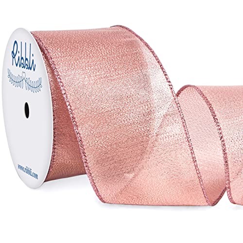 Ribbli Metallic Rose Gold Wired Ribbon, 2-1/2 Inch x 10 Yard, Deluxe Glitter for Crafts, Wreaths, Big Bow, Gift Wrapping, Christmas Tree Decoration