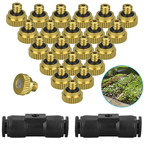 PERFETSELL 20 Boquilla Nebulización de Latón Toberas de Nebulización Boquilla Nebulizadora Orificio 0,3 mm Rosca 10/24 UNC + 2 Conectores en T para Patio Invernaderos Sistema de Refrigeración
