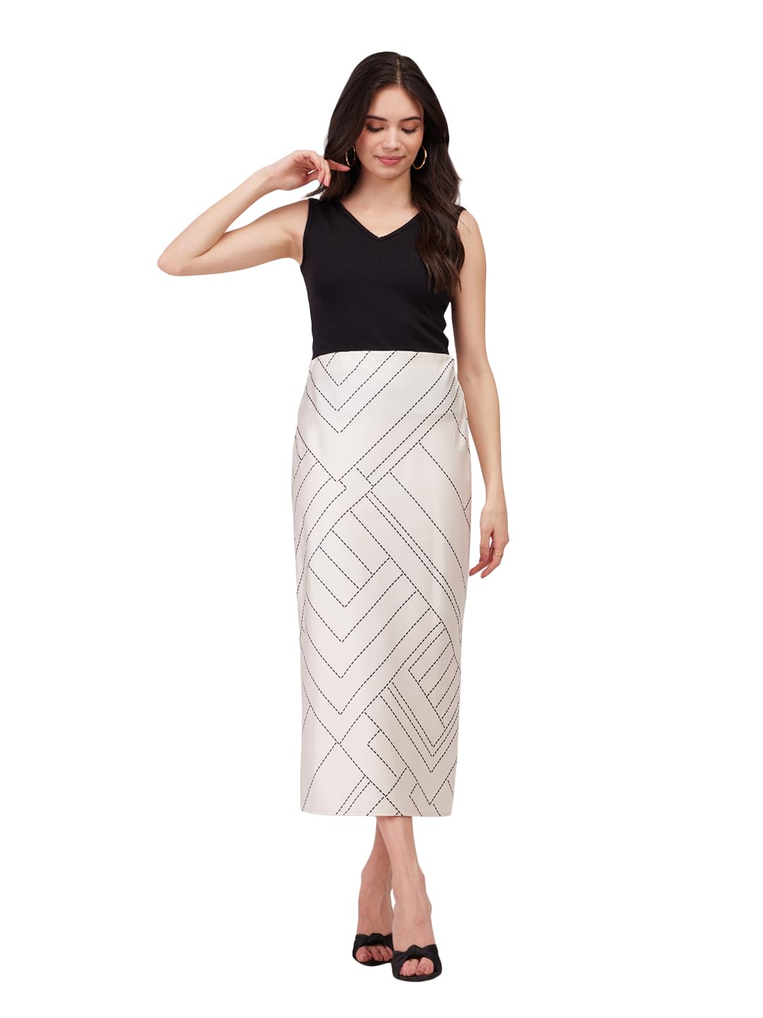 fablestreet Stretch Satin A-line Skirt - Off White and Black-picture-11