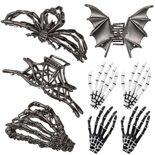 HairChrysm 8 PCS Gothic Hair Clips Set 4 PCS Metal Spider Web Skeleton Hand Bat Claw Clips & 4 Skeleton Hand Bone Barrettes for Women Halloween Hair Accessories Punk Rock Dark Aesthetic Hair Pins