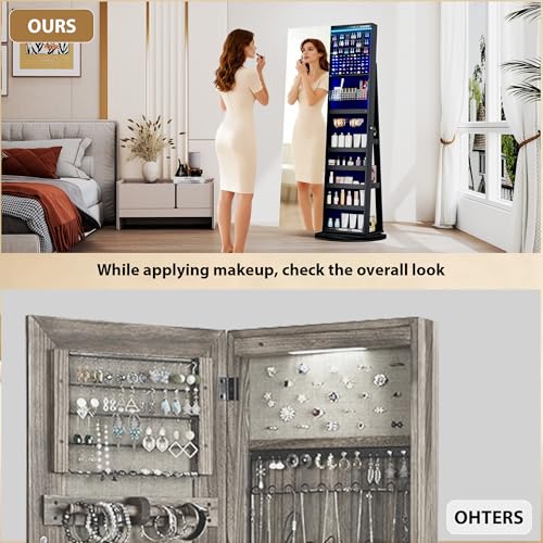 Image of LVSOMT LED Jewelry Cabinet with Sliding Full Length Mirror, Black | 360 Swivel Mirror with Storage, Lockable Jewelry Armoire Organizer with 22 Rear Shelves for Bedroom, Gift for Women