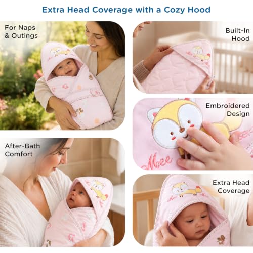 Image of Mee Mee 3-in-1 Baby Wrapper & Carry Nest for Newborns | Soft Breathable Cotton Swaddle with Hood and Cushion | Adjustable Tie-Up Design | Lightweight, Cozy & Easy to Carry (0-6 Months) (Pink)