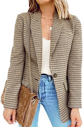 BLENCOT Womens Casual Plaid Blazers Jackets Button Open Front Long Sleeve Lightweight Blazer Suit Large Plaid Khaki