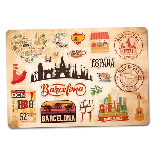 Feuille d'autocollants A5 en vinyle Barcelone - Monuments de l'Espagne rétro vintage aéroport horizon drapeau ville voyage vacances pays esthétique #82803
