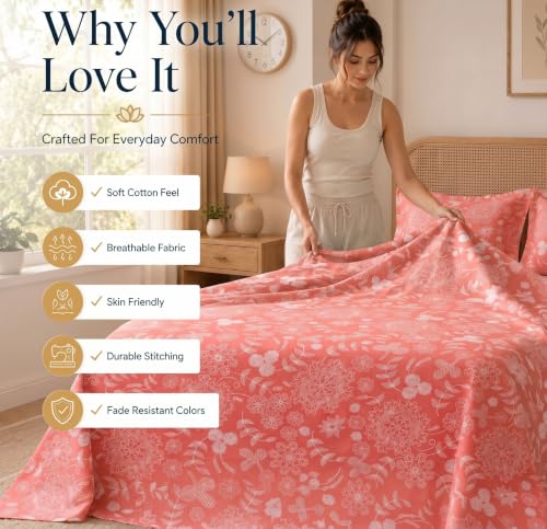 Image of HOMEKART Glace Cotton 160 TC Leaf Printed Double Bedsheet with 2 King Size Pillow Covers | Soft & Durable | 86 x 88Inches (Red)