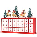 M MINGLE Wooden Advent Calendar with Drawers, Countdown to Christmas Reusable Advent Calendar with Santa Claus & Reindeer, Xmas Gift for Kids, Boys, Girls