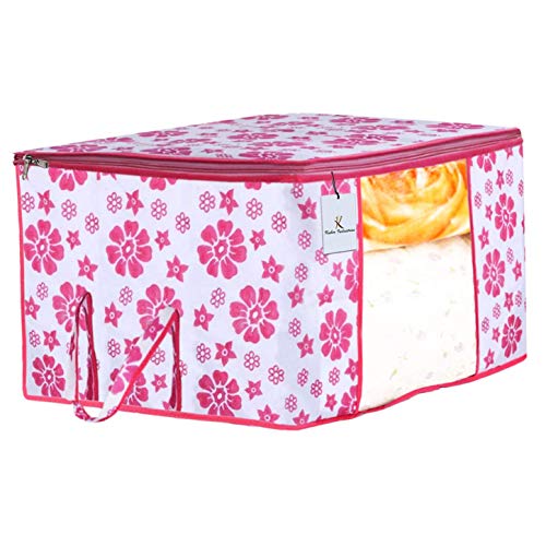 Image of Kuber Industries Flower & Leaf Printed 5 Piece Non Woven Fabric Underbed Storage Bag,Cloth Organiser,Blanket Cover with Transparent Window, Pink & Blue & Ivory Red & Golden Brown & Red -CTKTC41128