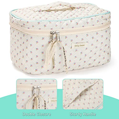 Sightor Cotton Makeup Bag, Quilted Cosmetic Bag with Handle Large Capacity Travel Toiletry Bag for Women Cute Aesthetic Floral Makeup Bag (Beige)4