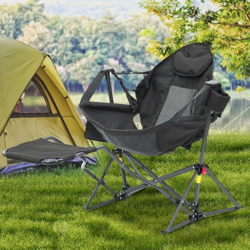 Ainfox Hammock Camping Chair with Footrest, Foldable Portable Rocking Chairs for Adults Outside Swinging Camp with Cup Holder Pillow for Outdoor Patio Poolside (Textilene Black)