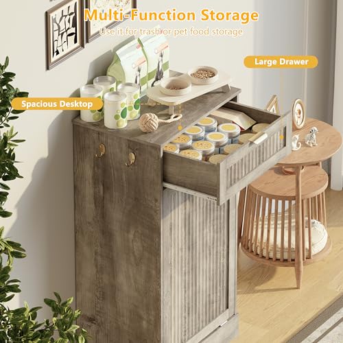 Image of Single 13 Gallon Tilt Out Trash Can Cabinet,Garbage Cabinet with Drawer | Hidden Garbage Storage with Fluted Design, Drawer & Hooks for Kitchen, Dining Room and Small Space Organization,Wood Grey