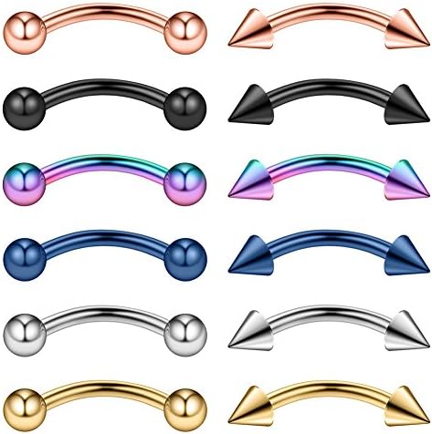 Ruifan 12PCS Assorted Colors Eyebrow Piercing Jewelry Curved Barbell with Balls&Spikes Kit Eyebrow Tragus Lip Ring 16g 16 gauge 6mm