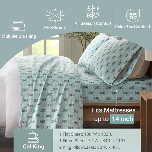 True North by Sleep Philosophy Cozy Flannel Warm 100% Cotton Sheet - Novelty Print Animals Stars Cute Ultra Soft Cold Weather Bedding Set, Cal King, Aqua French Bulldog 4 Piece