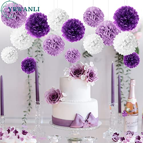Miniatura 6 de Ybwanli 24 Pcs Pompones De Papel Decoración Temática Morada, Escolarización, Fiesta De Cumpleaños,Bautizo, Confirmación, Decoración Para Niñas,Comunión,Día De San Valentín Morado Claro, Lila, Blanco