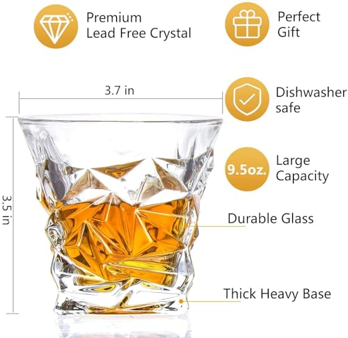 Image of Diamond Crystal Scotch Bourbon Whiskey Glasses, Old Fashioned Glasses Drinking Set, Whiskey Tumblers, Premium Bar Glassware Set of 2 Lead Free Neat Glass Heavy Bottom Drinking Glass