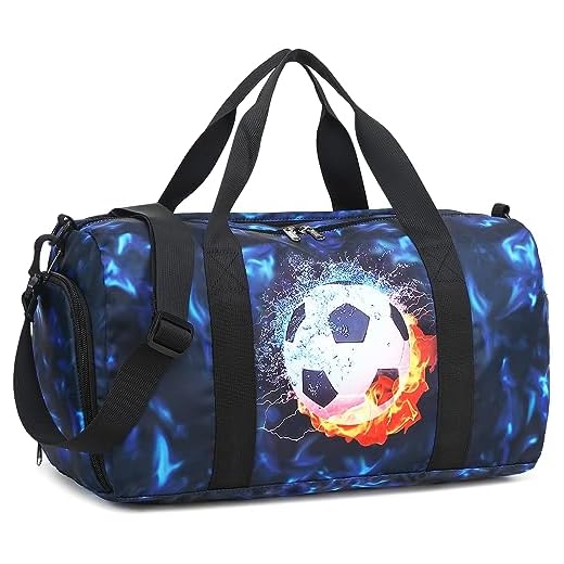 Kids Duffle Bag Boys Girls Overnighter Travel Sport Gym Bag Weekender Carry On Shoulder Bag with Shoe Compartment & Wet Pocket (Football Black Blue)