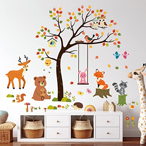 DECOWALL SG-2208 Tree and Animals Wall Decals Stickers Nursery Kids Autumn Bedroom d?cor Baby Room Forest Deer Woodland Fox playroom Jungle Living Classroom Squirrel Art Bear DIY owl Removable