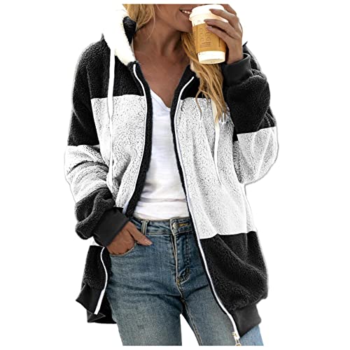 Chaquetas de forro polar para mujer, con capucha y cremallera completa, para invierno, cálida y esponjosa, de gran tamaño, manga larga, abrigo casual con bolsillos, C-negro, 4XL