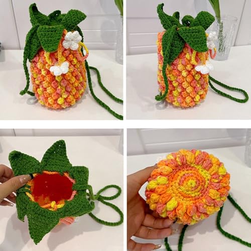Women Crochet Shoulder Bag Knitted Pineapple Tote Bag Woven Handbag Slouchy Hobo Bag Handwoven Bucket Bag4