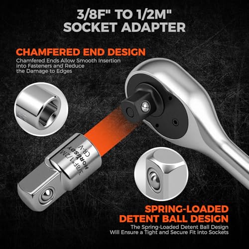 Image of HORUSDY 3 /8 inch Drive 90T Quick-Release Ratchet Handle, Reversible, Chrome Alloy Made, Full Polished, Includes 3 /8 inch to 1 /2 inch Socket Adapter, Ideal for Auto Repair, Home & Industrial Use