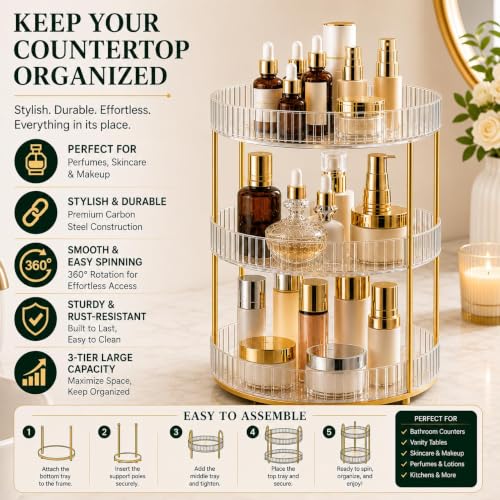 Image of MECHDEL Makeup Organiser Box with Drawers, Perfume, Cosmetic and Skincare Storage Stand, Dressing Table Organiser for Lipstick, Nail Polish (360 Rotating-Transparent White, 3 Tier)