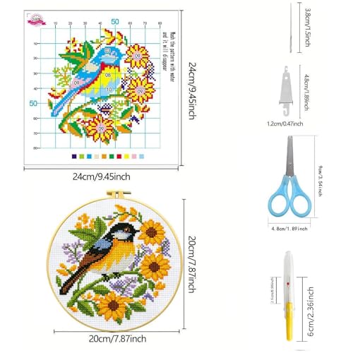 Image of Zhenqing Book Lover's Cross Stitch Kit - 4-Piece Set with Pre-Printed 11CT 24x24cm Fabric, Hoop & Tools, Reading & Flower Themes for Beginners(70411)