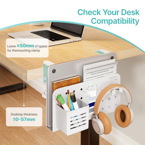 Image of PEGZONE Desk Side Storage Organizer, No Drill Under Desk Laptop Holder, Clamp on Desk Shelf with Pegboard Accessories, Hanging Laptop Mount, Fits Flat Edge Desks 0.4 inch to 2.2 inch, White