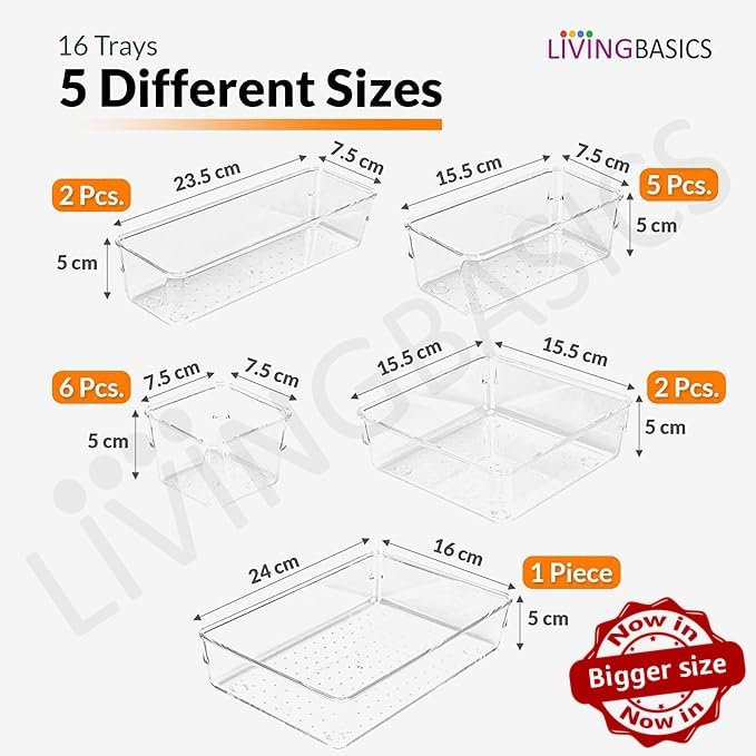 LIVINGBASICS 16 Pcs Unbreakable Kitchen Drawer Organizer/Drawers Organisers/Make up Organiser/Drawer Divider Tray/Makeup Dresser Tray/Dressing Table Organiser (PET Plastic)