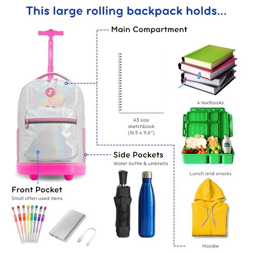 Image of J World Sunrise Kids Rolling Backpack with Wheels for Girls Boys, Roller Bookbag for School, 18 x 13 x 9 Inches, Metallic Silver