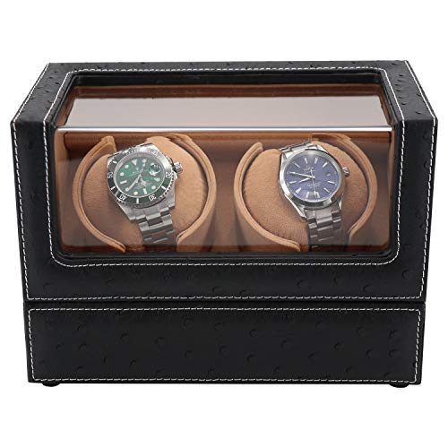 double watch winder for rolex and other luxury watches - automatic winder with quiet motor premium black ostrich leather exterior and soft flexible watch pillows of camel velvet